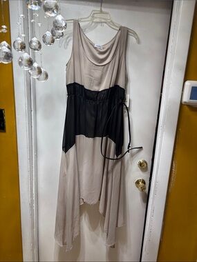 Calvin Klein Taupe and Black Asymmetric Midi Dress